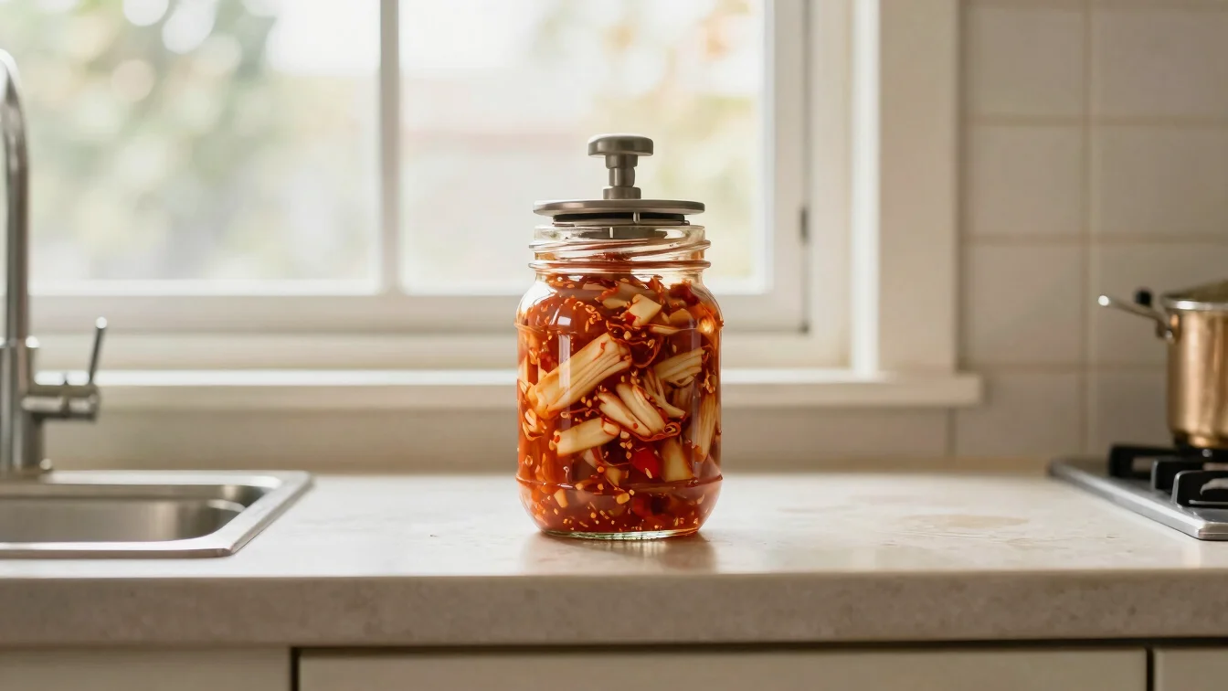 Glass jar of kimchi with a weighted press resting on the surface,