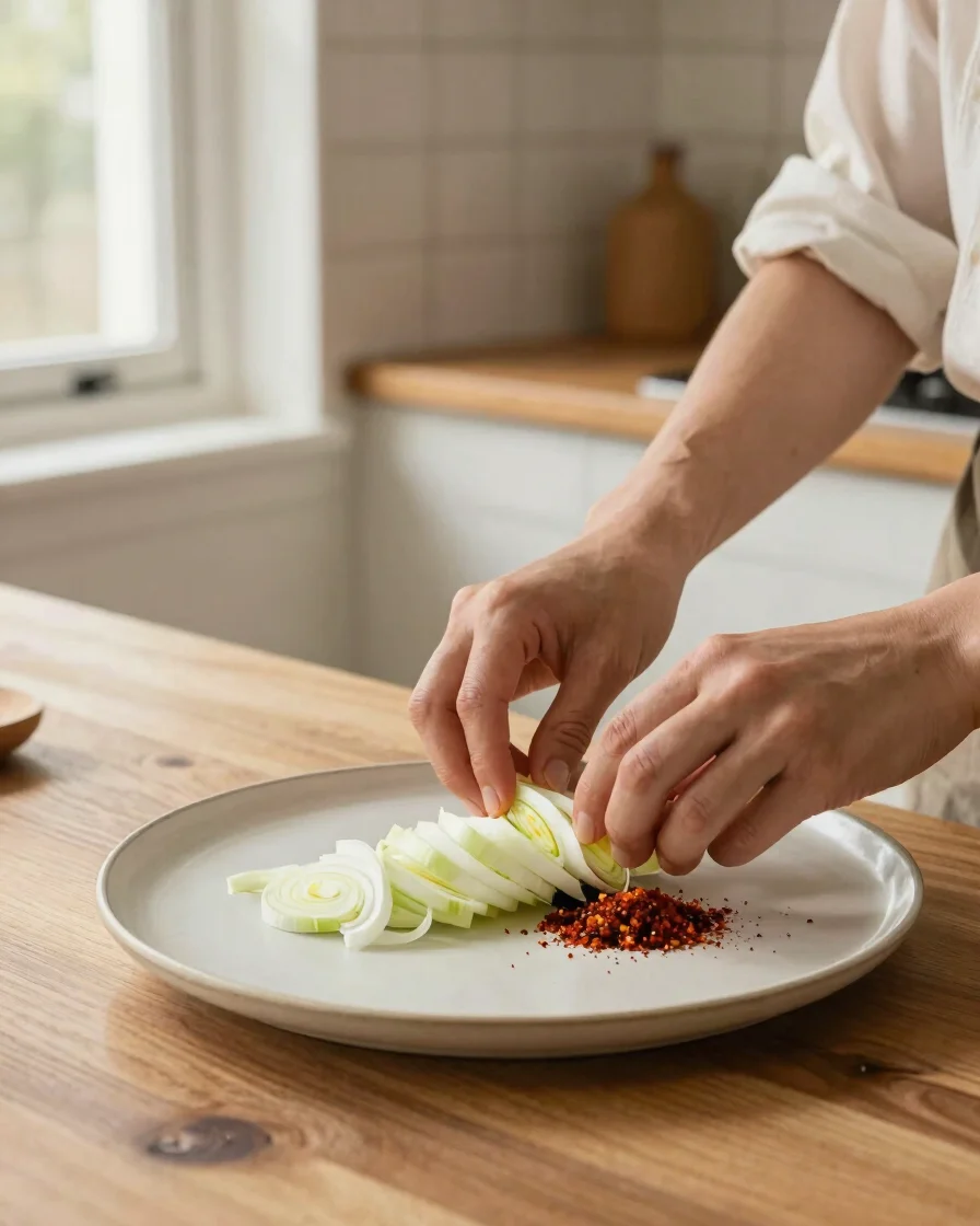 Editorial portrait of a home cook's hands arranging sliced spring