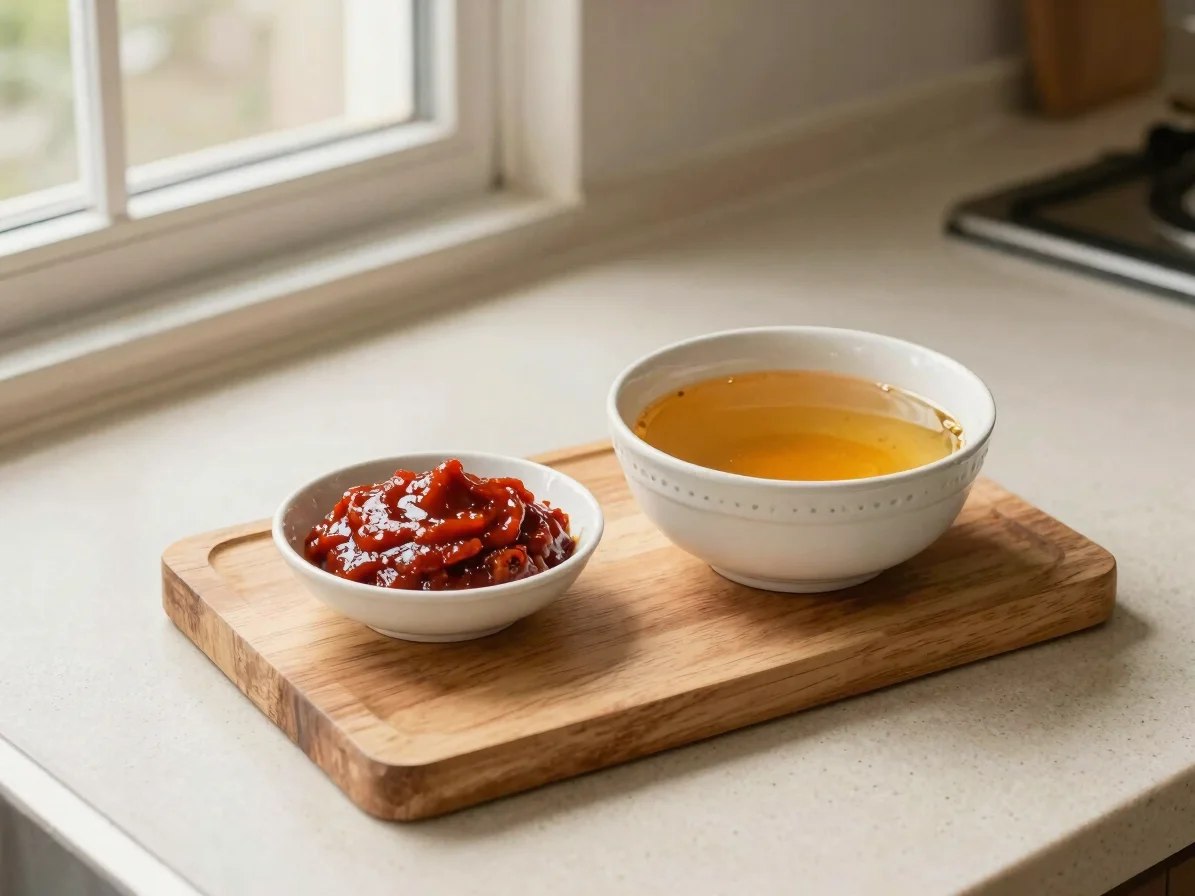 Overhead view of a wooden board with a small dish of red gochujan