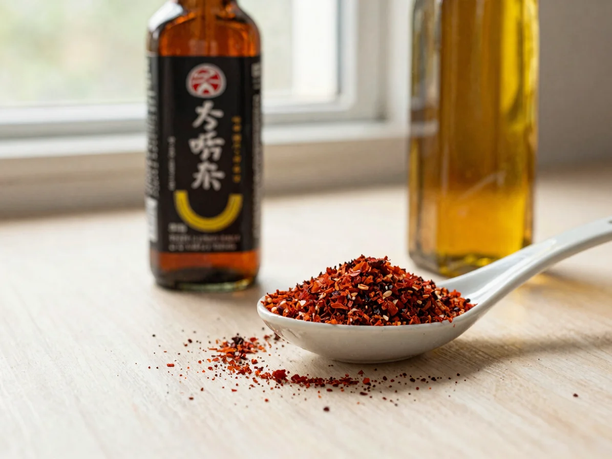 Close study of coarse red gochugaru flakes in a small ceramic spo