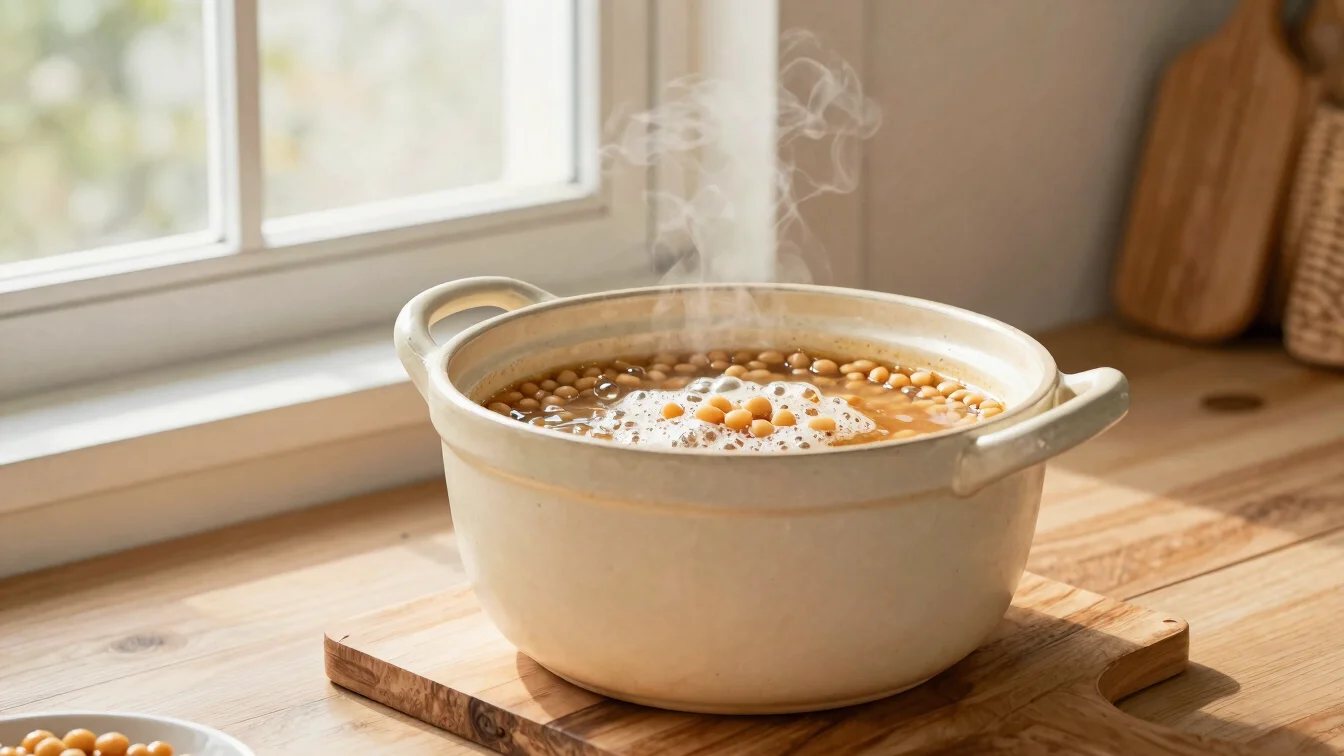 Earthenware ddukbaegi pot with a bubbling soybean stew on a woode