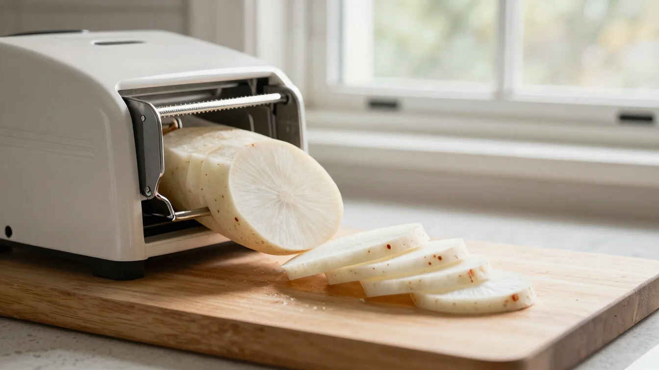 Mandoline slicer with thin pale radish strips fanned on a cutting